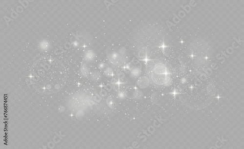Glow effect. Vector illustration. Flash of dust. White sparkles and shine special light effect. Vector sparkles on a transparent background. Sparkling magic dust particles