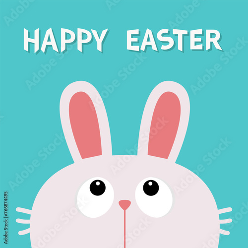 Happy Easter. White rabbit bunny head looking up. Big eyes. Funny face. Cute cartoon kawaii baby character. Forest animal collection. Childish style. Flat design. Blue background. Isolated. Vector © worldofvector