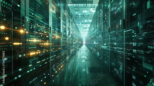 Digital information flow: data servers behind glass panels in server room of data center or internet service provider, technology concept