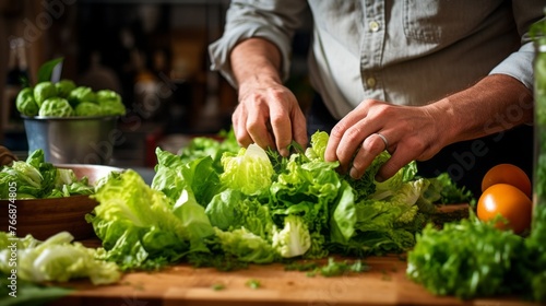 A man is cutting up a bunch of lettuce on a wooden cutting board photo