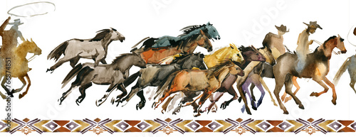 Western seamless background with Cowboys and running wild Horses. Runch equine pattern on white