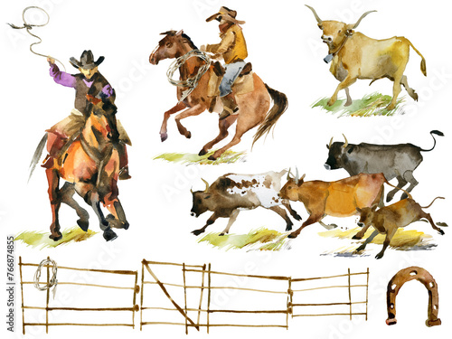Cowboy Stockman mustering cattle.
Catching wild cattle on the South American pampas watercolor illustration set isolate on white (ID: 766874855)