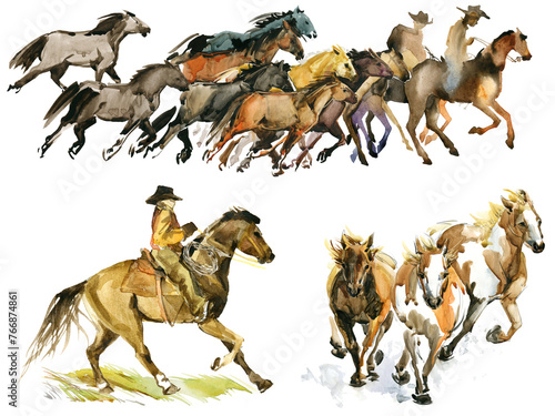 Set of isolat western cowboy, Wild Horses. American rodeo season. Mustang Watercolor illustration (ID: 766874861)