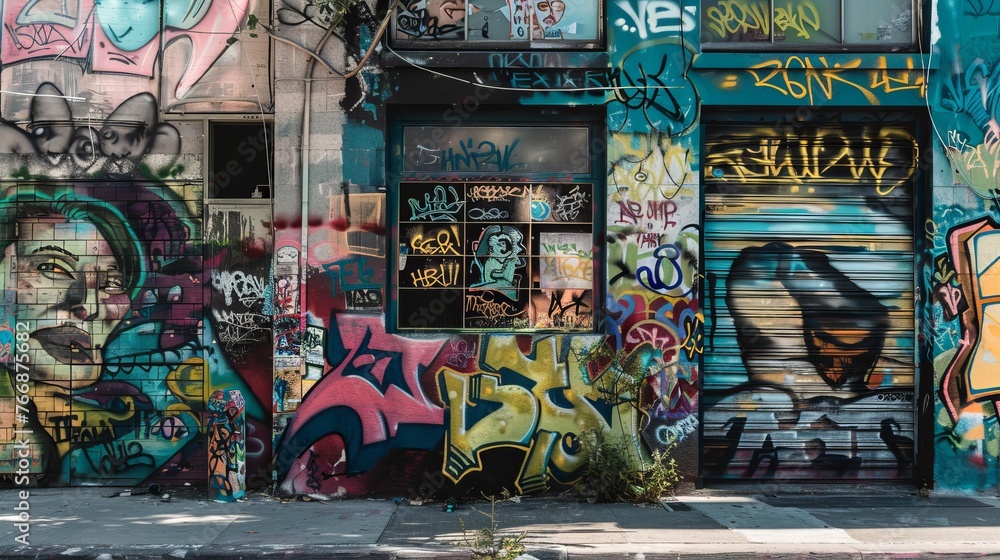 Fototapeta premium Showcase vibrant urban graffiti and street art, adding a raw and edgy backdrop to advertising materials. 
