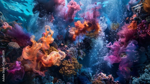 Showcase abstract underwater scenes with flowing currents and colorful marine life, creating a surreal backdrop for advertising materials. 