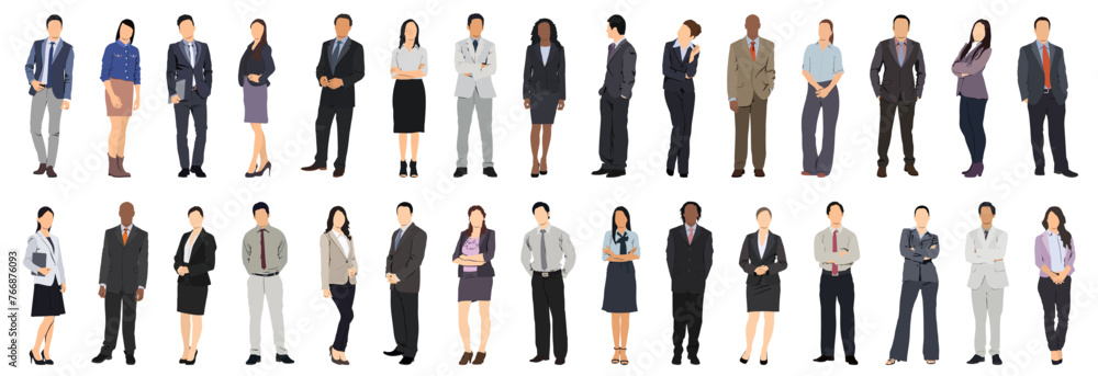 Vector illustration of group of business people standing. Diverse business people standing, men and women full length. Inclusive business concept. Vector illustration isolated on white background.