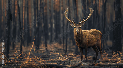 Ciervo en un bosque quemado después de un incendio  photo