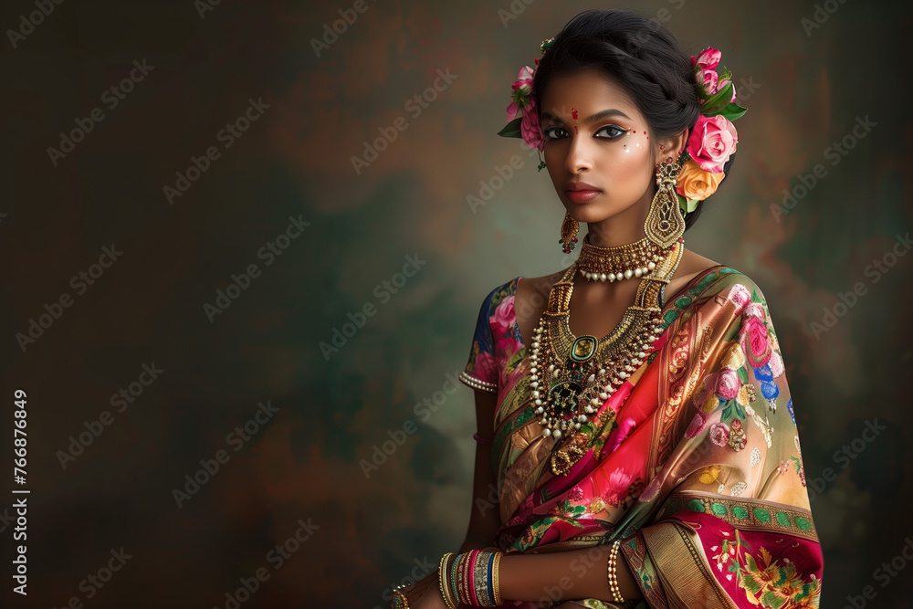 Woman in traditional Indian folk clothing and jewelry. She wears a patterned saree with a blouse, necklace, earrings, bangles and traditional bindi