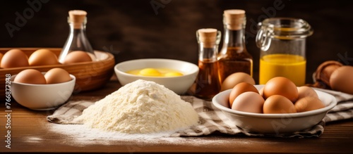 A table set with bowls of allpurpose flour, eggs, oil, and other ingredients for baking. Essential items for preparing a delicious homemade dish photo