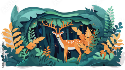 Deer in the jungle paper cutting art style flat vector