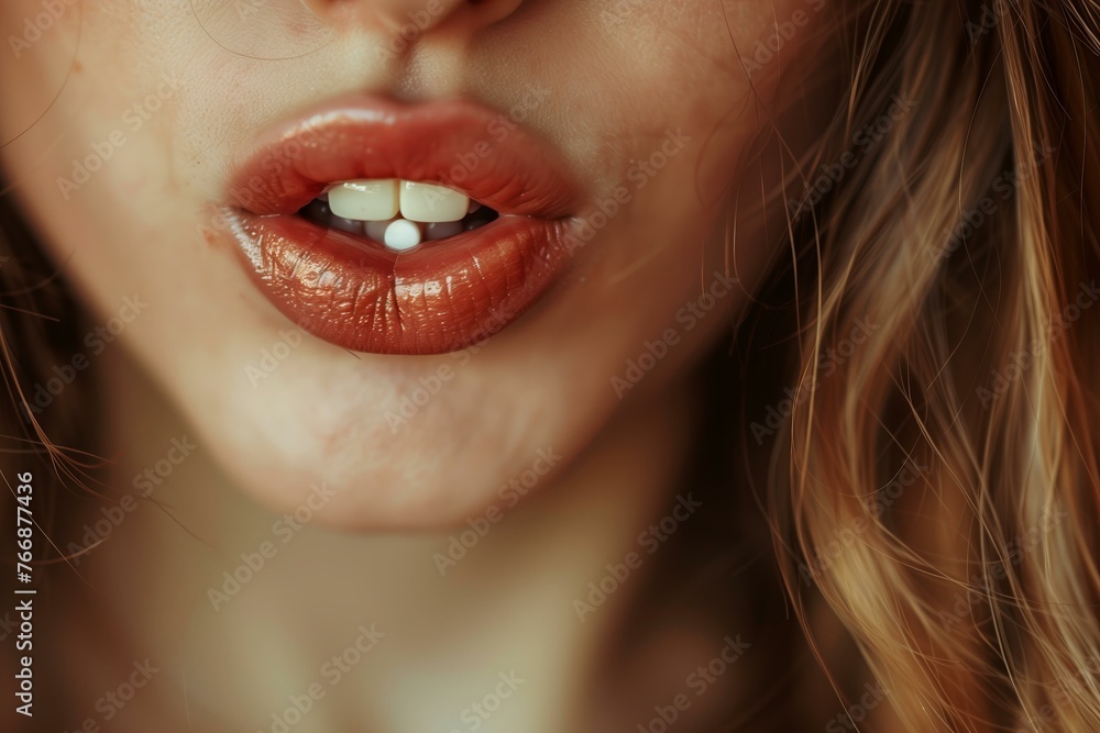 close up womans mouth with a small pill, hormonal contraception and womans health concept close up womans mouth with a small pill, hormonal contraception and womans health concept