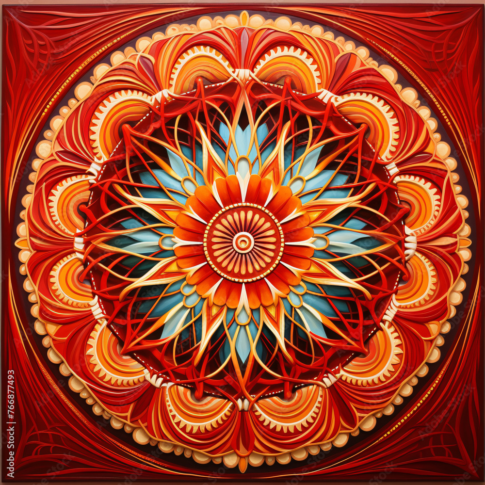 Red mandala art for passion and relaxation. Line patterns in warm colors ideal for adults seeking stress relief and art therapy. Mandala design with red for passionate relaxation and stress relief.