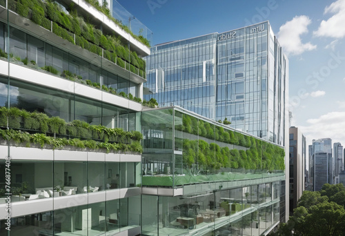 Eco-friendly building in the modern city. Sustainable glass office building with plant for reducing carbon dioxide. Office building with green environment. Corporate building reduce CO2 colorful backg