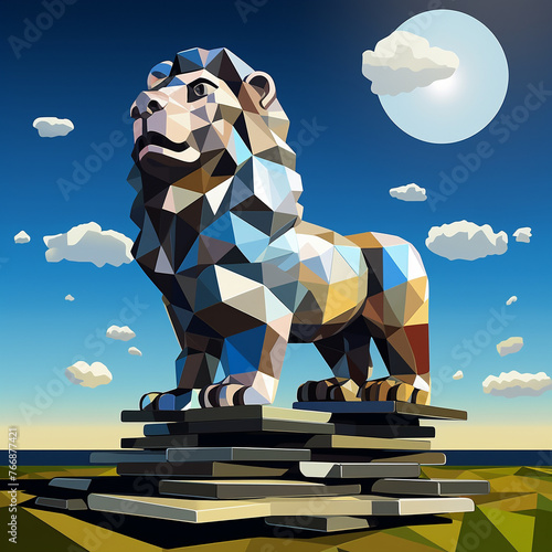 A lion statue made of mirrors reflecting the changing sky and surroundings in a modern art installation cartoon minimal cute flat design(3) photo