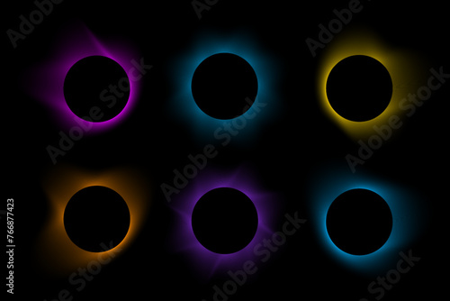 Set of blurry round frames. Circle shapes with pink, purple, yellow, orange, blue and green neon gradient borders isolated on black background. Design elements with empty space. Vector illustration.