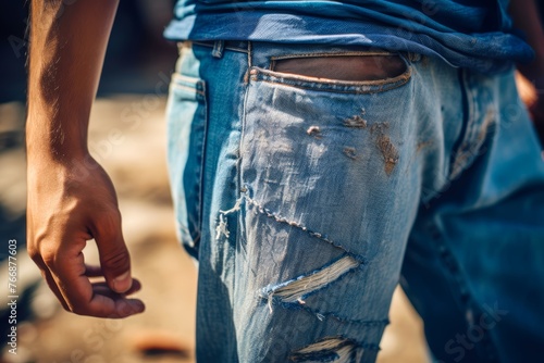  Close-up of a person wearing recycled denim jeans, highlighting the durability and eco-friendliness of upcycled denim