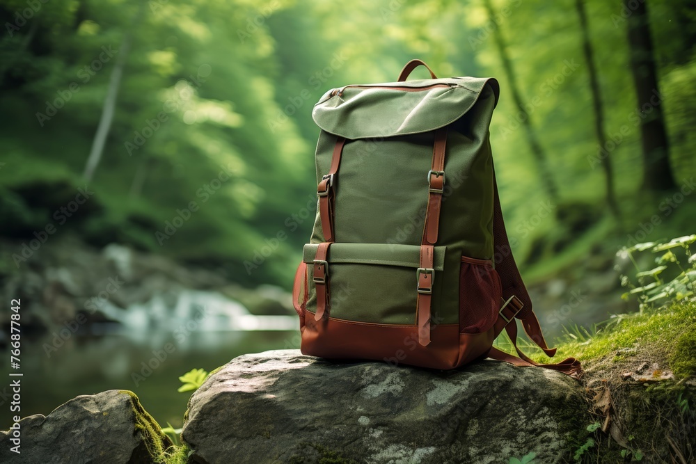A weatherproof rucksack standing against a backdrop of nature, ready for any challenge that rucking brings - obrazy, fototapety, plakaty 