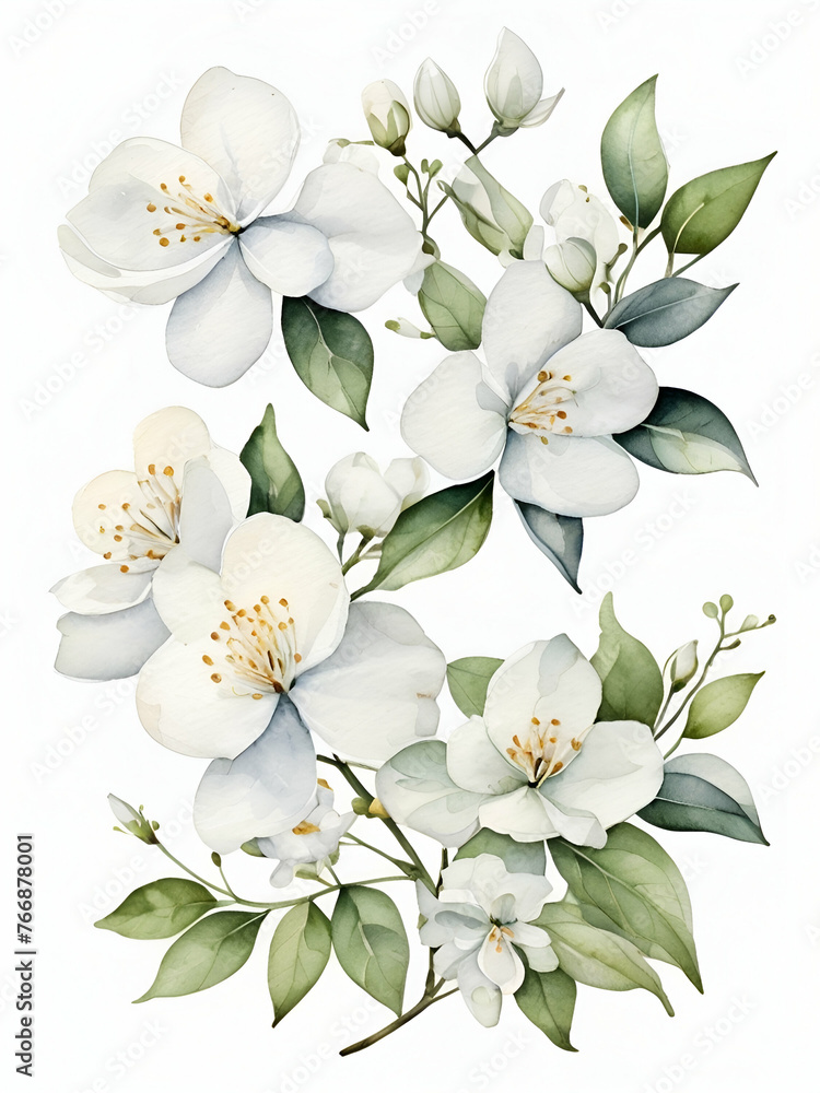 Fototapeta premium Jasmine flower clipart , white flowers on a white background, jasmine painting by watercolor