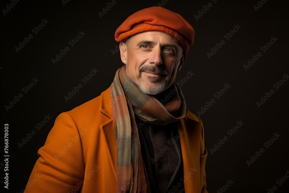 Portrait of a senior man in a red hat and scarf. Portrait of a senior man in a red hat and scarf.