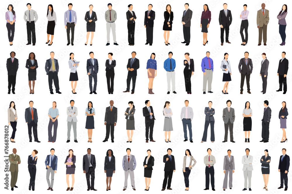 Vector illustration of group of business people standing. Diverse business people standing, men and women full length. Inclusive business concept. Vector illustration isolated on white background.