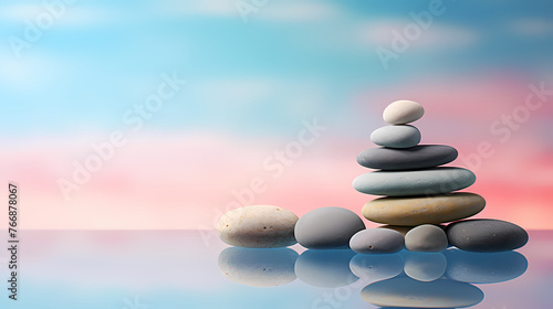 Various pebbles arranged on colorful gradient background  peaceful and calm