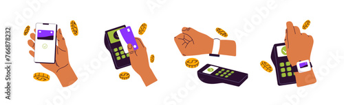 Contactless cashless payment machine set. Hands with credit cards, mobile phone, smart watches to pay. POS terminal, NFC technology, coin signs. Flat isolated vector illustration on white background