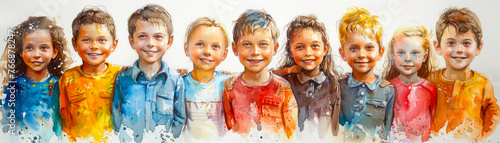 Watercolor illustration group of happy smiling children of different nationalities standing in an embrace. 