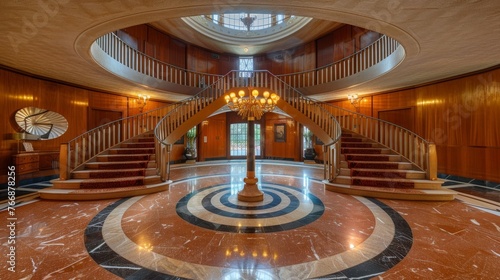 Circular entrance terrazzo floors and a central spiral staircase