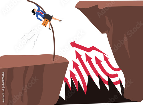 Conquer adversity, challenge difficulties, self-improvement, achieve business or professional goals, businesswomen who are not afraid of difficulties pole vault jumping over falling arrows