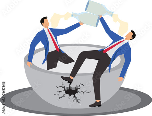 Self-destructive, poor businessman, alcoholic, self-paralyzed, frustrated, sad, disappointed, poor, desperate businessman lying in a broken bowl drinking wine