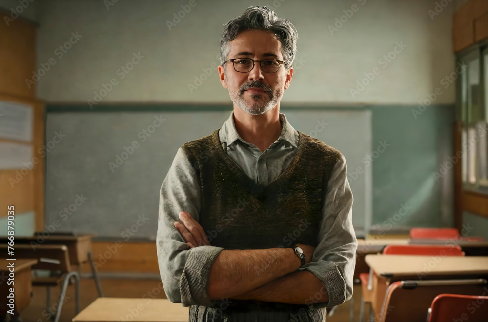 handsome middle-aged mature male teacher wearing glasses preparing a lesson standing near desk in front of empty blackboard. grey haired bearded lektor man. front view portrait. classroom interior handsome middle-aged mature male teacher wearing glasses preparing a lesson standing near desk in front of empty blackboard. grey haired bearded lektor man. front view portrait. classroom interior