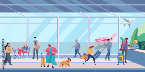 Airport waiting room. Interior inside the airport terminal with people and luggage. A plump woman with a dog. Flight check in counter.. Flat vector illustration for banner, poster and advertising