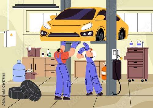 Mechanics do bodywork in workshop station. Repairmen fix breakdowns of motor, change wheels with car lift. Men repair automobile in garage. Maintenance in auto service center. Flat vector illustration
