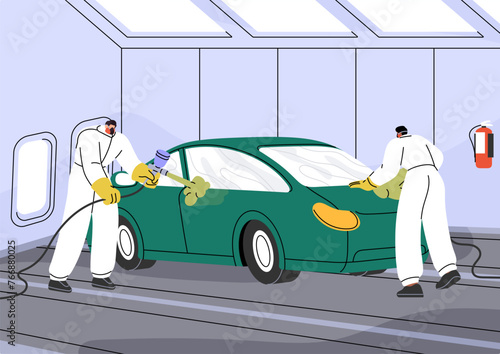 Car painters apply paint using spraying gun. Automobile painting process in workshop. Auto service center workers do bodywork with airbrush in garage of repair station. Flat vector illustration