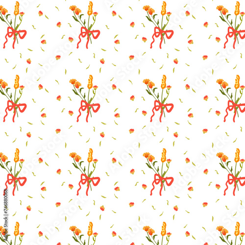 Seamless pattern with wild flowers. Summer floral background in retro style. Bright backdrop for wallpaper and fabric with a bouquet. Suitable for cards, backgrounds and invitations. For bed linen