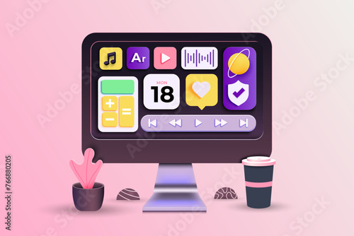 Web UI-UX design, web development concept. Web design, application design, coding, and web building on peach pink background. 3d Vector Illustration