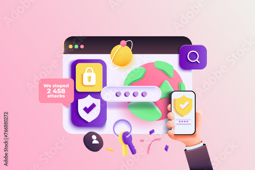 Cyber security internet and networking concept. Shield shape with padlock. Safety and privacy. Cartoon realistic illustration isolated on pink background. 3D vector illustration