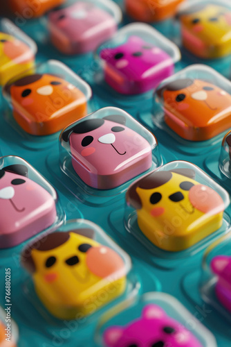 Colorful Array of Cartoon Dog Face Pill Blister Packs on a Turquoise Background