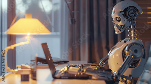  a humanoid robot is sitting at a desk, working on a laptop