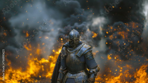 A medieval knight warrior man standing in front of a burning background © Arcane Imaginarium
