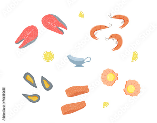 Seafood icons elements. Vector illustration of sea delicacies and sea cuisine.