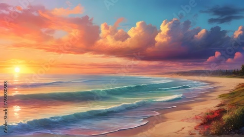 Sunrise over an ocean  beautiful waves on beach  colorful clouds above water landscape