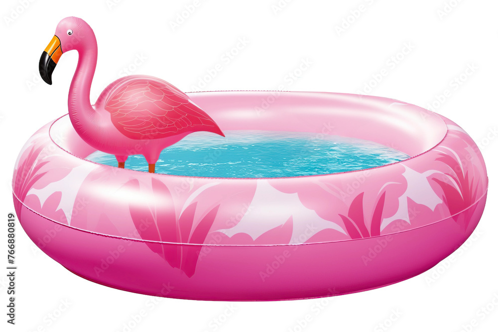 Inflatable swim pool float and rings in the form of flamingo, isolated ...