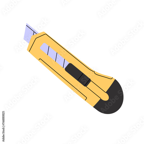 Box cutter, utility knife. Retractable blade for paper. Construction tool. Cutting stationery for creativity, art. Supply with sharp metal tip. Flat isolated vector illustration on white background