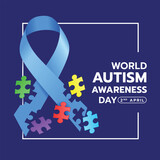 World Autism Awareness Day - Light blue ribbon awareness with colorful jigsaw puzzle piece in white frame on dark blue background vector design