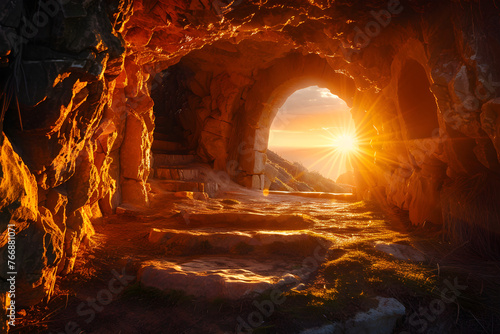 Empty tomb of Jesus Christ at sunrise, symbolizing the resurrection and hope of Christianity.