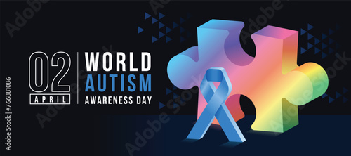 World Autism Awareness Day - 3D rainbow colorful jigsaw puzzle piece and light blue ribbon awareness on black background vector design