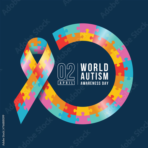 World Autism Awareness Day - Colorful jigsaw puzzle texture ribbon awareness with roll circle frame on dark blue background vector design