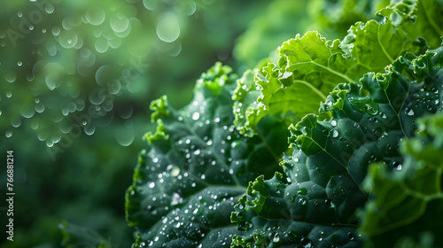 Fresh kale leaf with morning dew, vibrant green vegetable closeup photo