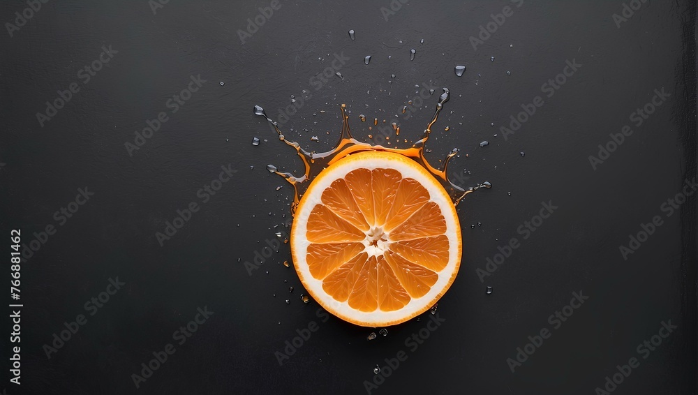 wet orange slice on black background, copy space, space for text and design, orange flavor wet orange slice on black background, copy space, space for text and design, orange flavor